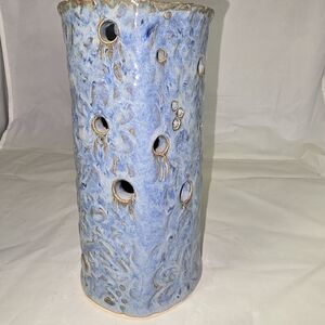 2013 Handmade Blue Studio Pottery Vase Candle Holder Flower Design Signed